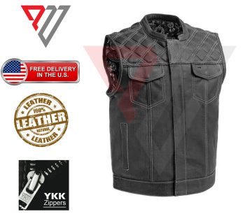 Men's Black Genuine Leather SOA Club Vest — White Accent Stitch | PWVests