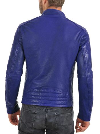 Men's Royal Blue Lambskin Quilted-Shoulder Caf&eacute; Racer Jacket | PWVests