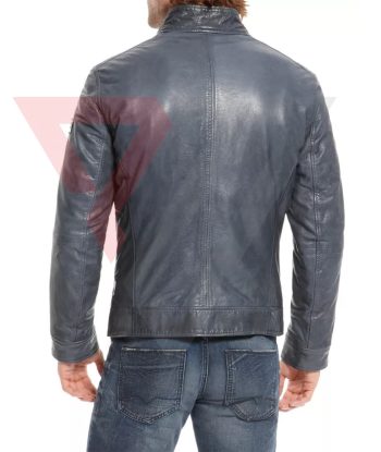 Men's Charcoal Gray Lambskin Stand-Collar Zip Moto Jacket | PWVests