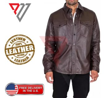 Men's Brown Lambskin Leather Full Sleeve Slim Overshirt | PWVests