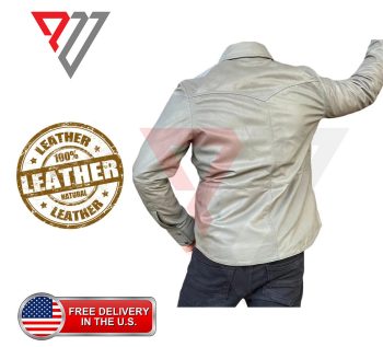 Gray Lambskin Leather Slim Fit Full Sleeve Biker Button Shirt | PWVests