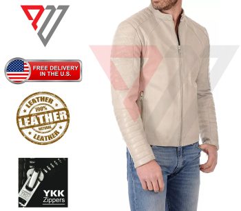 Men's Ivory White Lambskin Quilted-Sleeve Band-Collar Moto Jacket | PWVests