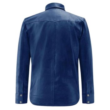 Blue Lambskin Leather Slim Fit Full Sleeve Biker Button Shirt | PWVests