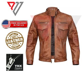 Men's Distressed Tan Brown Lambskin Four-Pocket Utility Moto Jacket | PWVests