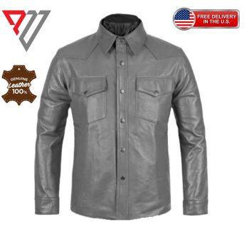 Men's Lambskin Soft Gray Leather Slim Fit Full Sleeve Biker Casual Button Shirt | PWVests