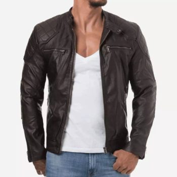 Diamond-Quilted Shoulder Biker Jacket in Chocolate Brown | PWVests
