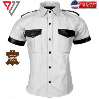 Men's Lambskin White Leather Slim Fit Half Sleeve Biker Casual Button Shirt | PWVests