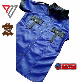 Blue Lambskin Leather Slim Fit Half Sleeve Biker Button Shirt | PWVests