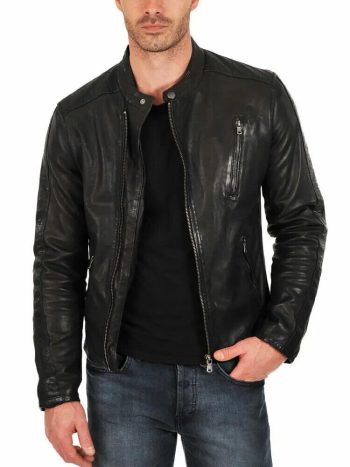 Men's Black Washed Lambskin Café Racer with Angled Chest Pocket | PWVests