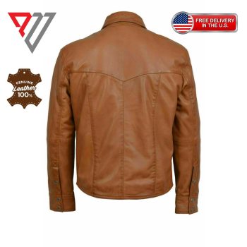 Tan Brown Lambskin Leather Slim Fit Full Sleeve Button Shirt | PWVests