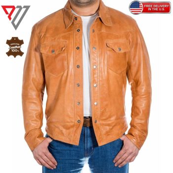 Men's Genuine Lambskin Soft Tan Brown Leather Slim Fit Full Sleeve Button Shirt | PWVests