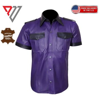 Men's Lambskin Purple Leather Slim Fit Half Sleeve Biker Casual Button Shirt | PWVests