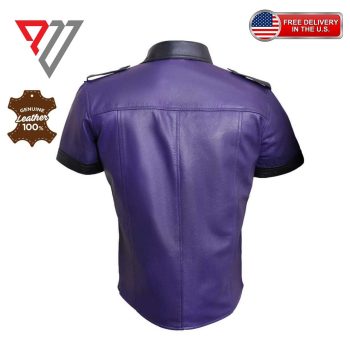 Purple Lambskin Leather Slim Fit Half Sleeve Biker Button Shirt | PWVests