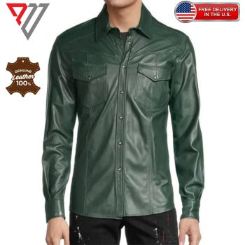 Men's Lambskin Soft Green Leather Slim Fit Full Sleeve Biker Casual Button Shirt | PWVests