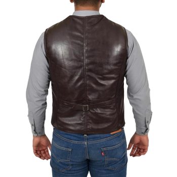 Brown leather button-front vest size chart — men's cut S–5XL | PWVests