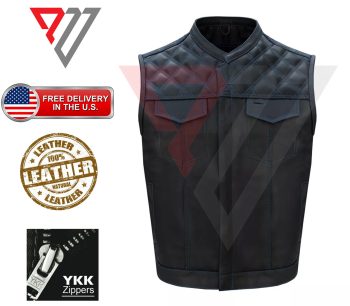 Men's Black Genuine Leather SOA Club Vest | PWVests
