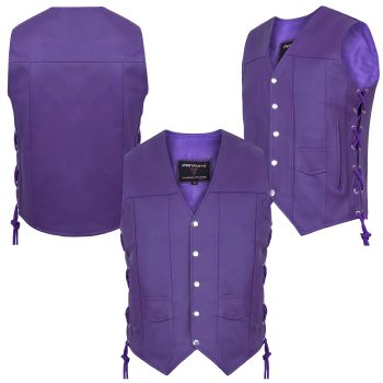 Purple Leather Motorcycle Vest with Adjustable Laced Sides — Unisex Biker Style | PWVests