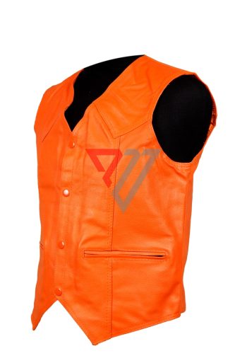 Orange Leather Motorcycle Vest with non Laced Sides - Unisex Biker Style | PWVests