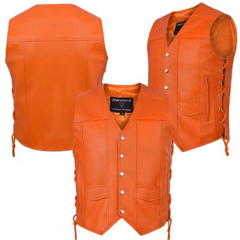 Orange leather motorcycle vest with adjustable laced sides — unisex biker style | PWVests