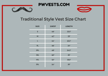 Size Chart for Adjustable Laced Side - Unisex Biker Style Vest | PWVests